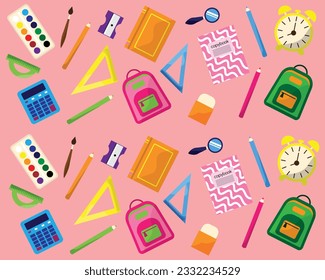 Back to school pattern. Pattern of study school supplies: backpack, pencils, brushes, paints, ruler, sharpener,calculator, book. Stationery subjects. Back to school. Flat illustration.