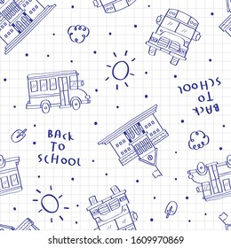 back to school pattern vector with school bus cartoon and school building, kids hand drawing