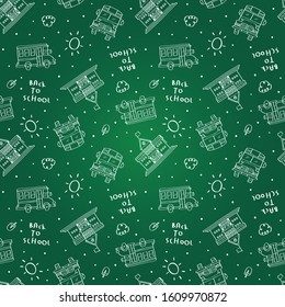 back to school pattern vector with school bus cartoon and school building, kids hand drawing