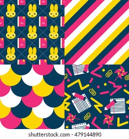 Back to school patterns. Collection of 4 school themed retro seamless patterns. Mixes a cute character and eighties retro style