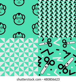 Back to school patterns. Collection of 4 school themed eighties retro seamless patterns.