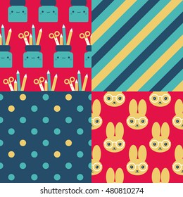 Back to school patterns. Collection of 4 school themed retro seamless patterns.