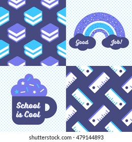 Back to school patterns and posters. Collection of 2 school themed retro seamless patterns and 2 School themed posters (printable templates), one reads School is Cool and the other one Good Job