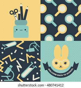 Back to school patterns and posters. Collection of 2 school themed retro seamless patterns and 2 School themed posters with cute characters, one of them reads Welcome Back to School.