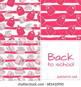 Back to school patterns set vector seamless. Collection of stripped girls background. Print for creative education design, digital paper or web banner template.