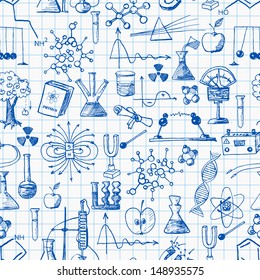 Zurück zu Schulstift-Skizze nahtloser Hintergrund. Physik und Chemie. Kann für Tapeten, Muster Füllungen, Textilien, Web-Hintergrund, Oberflächenstruktur verwendet werden. Vektorgrafik. 