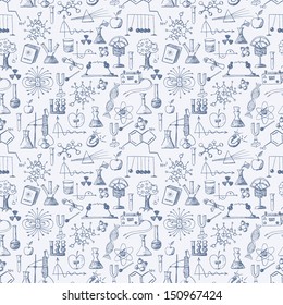 Back To School Pen Sketch Seamless Background. Physics And Chemistry. Can Be Used For Wallpaper, Pattern Fills, Textile, Web Page Background, Surface Textures. Vector Illustration. 