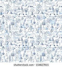 Back to school pen sketch seamless background. Science seamless pattern. Physics and chemistry. Can be used for wallpaper, pattern fills, textile, web page background, surface textures.