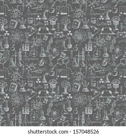 Back to school pen sketch seamless background. Science seamless pattern. Physics and chemistry. Can be used for wallpaper, pattern fills, textile, web page background, surface textures. 
