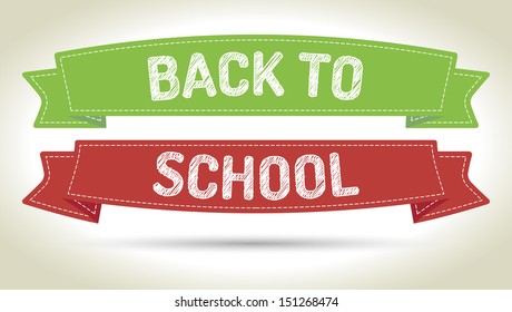 Back to school - pen style text on colorized ribbons with shadow.