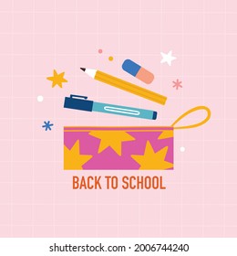 Back to school. Pencil bag and stationery.