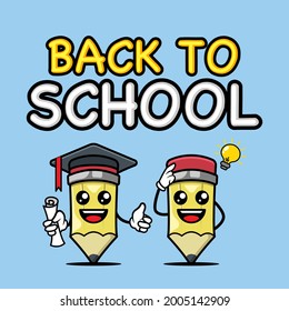 Back to school with pencil banner mascot design template