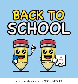 Back to school with pencil banner mascot design template