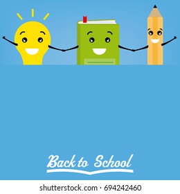 back to school. Pencil, book and light bulb with a banner. Space for text
