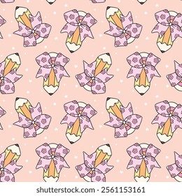 Back to School Pencil Bow Seamless Pattern Cute Coquette School Supplies Hand Drawn isolated on background