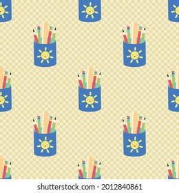 Back to school pencil caddy vector seamless pattern background. Fun pencils in sun decorated caddies on yellow gingham textured backdrop. Writing supplies, education, kindergarten repeat for children.