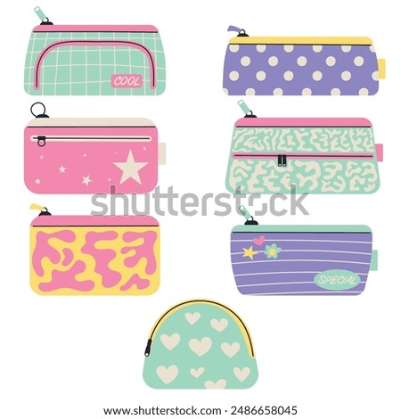 back to school pencil case set, autumn school elements, collection of pencil cases, Flat design style vector illustration