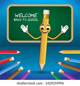 Back to School pencil colored cartoon with green board