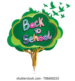 back to school pencil education by green apple tree  and owl bird read a book on white isolate background