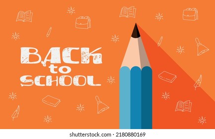 Back to School pencil on orange background with school icons illustration