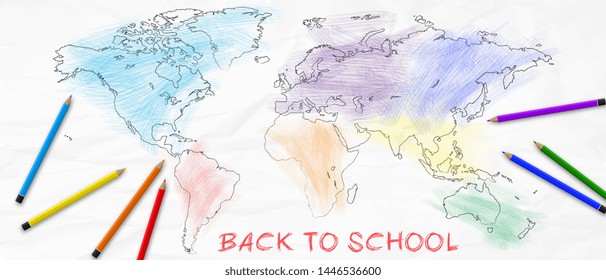 Back to school. Pencil painted world map. Vector illustration.