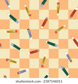 BACK TO SCHOOL PENCIL PALS PENS STATIONERY DRAWING SEAMLESS REPEAT PATTERN VECTOR