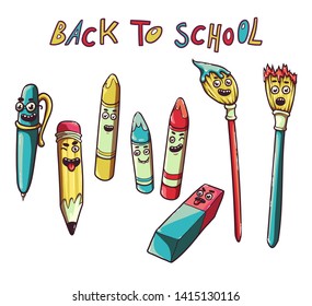 Back to school. Pencil, pen, eraser, colored crayons for painting and drawing, paint brushes. Funny smiling colorful characters. Set of stationery for a primary school student.