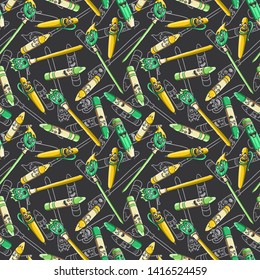 Back to school. Pencil, pen, eraser, colored crayons for painting and drawing, paint brushes. Funny smiling colorful characters. Set of stationery for a primary school student. Seamless background
