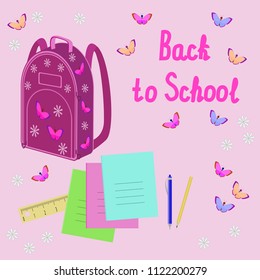 Back to school. Pencil pen, notebook and school bag girls.  Vector illustration.