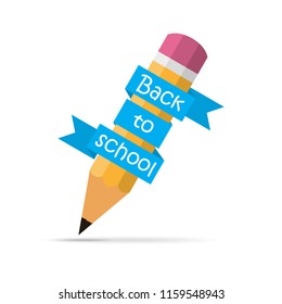 Back to School pencil with ribbon, isolated on white background. Vector illustration.