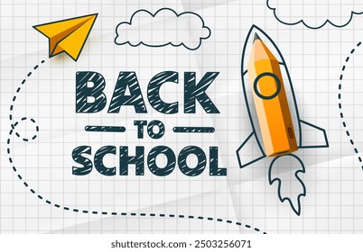 Back to school, pencil shaped rocket. Vector illustration