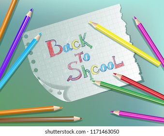 Back to school pencil text drawing in paper notebook with colored pencils. Vector illustration.