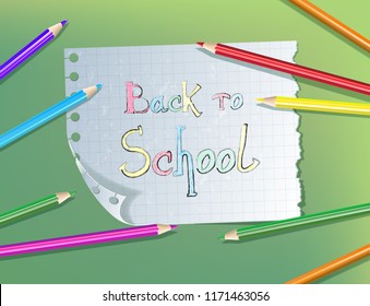 Back to school pencil text drawing in paper notebook with colored pencils. Vector illustration.