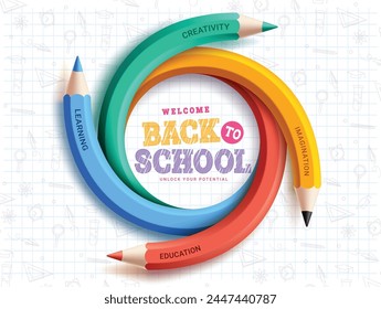 Back to school pencil vector template design. Welcome back to school greeting with colorful round pencil in white doodle grid paper background. Vector illustration school greeting template. 