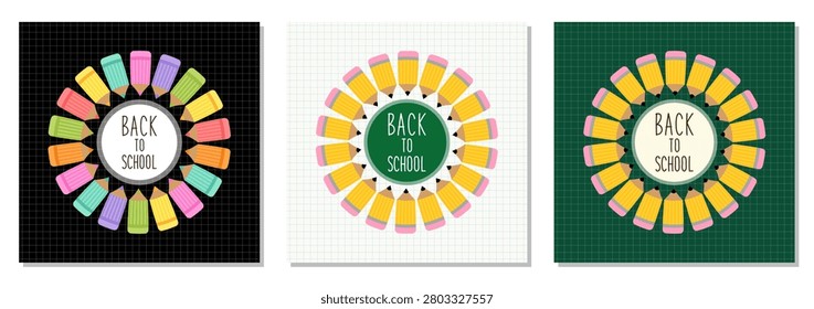 Back to School Pencil Wreath Illustration Set with Classroom Chalkboard Background