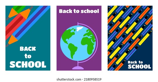 De vuelta a la escuela. Lápices, globo, patrón de lápiz. Conjunto de fondos educativos planos para carteles, folletos, calendarios, portadas, cuadernos