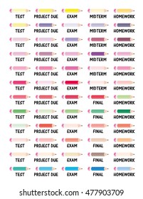 Back to school pencils,with writings underneath such as homework,project due,school,test,exam and other functional writings for school.