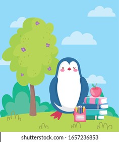 back to school, penguin apple on books pencil color outdoor vector illustration