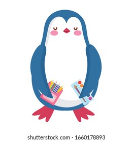 back to school, penguin apple on books pencil color outdoor vector illustration