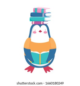 back to school, penguin with books on head cartoon vector illustration