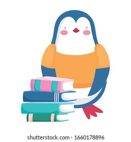 De vuelta a la escuela, libros apilados de pingüinos ilustraciones vectoriales de los estudiantes