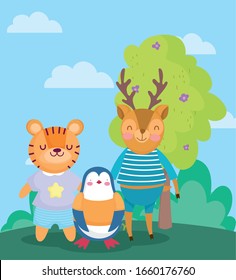 back to school, penguin tiger deer with clothes in the outdoor vector illustration