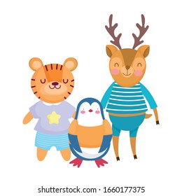 zurück zur Schule, Pinguintiger-Hirsch mit Kleider-Cartoon-Vektorillustration