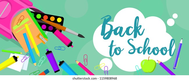 Back to school pens banner horizontal. Flat illustration of vector back to school pens banner horizontal for web design