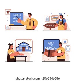 Back to school people concept isolated scenes set. Boys and girls studying in classroom, learning at lessons, teacher teaches mathematics. Elementary education. Vector illustration in flat design