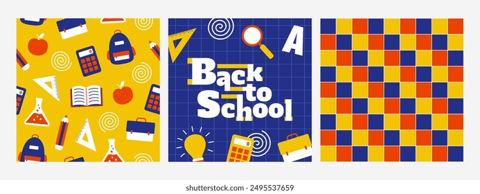 Back to school phrase and pattern with school supplies. Modern design for banner, poster, cover. Vector illustration