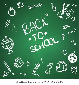 Back to School phrase and pictures on green blackboard color linear composition. Education for students vector illustration. Chalk drawn banner design