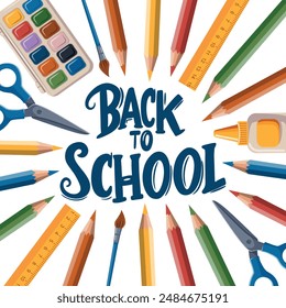 Back to school is a phrase that is often associated with the start of a new school year. This image features a variety of school supplies, including pencils, scissors, and a ruler