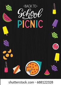 Back to school picnic announcement template. Wood background. Party invitation. Vector.