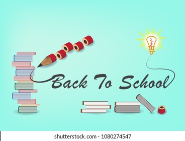 Back to school with pile of a book and the red pencil is cut into pieces on light blue background.